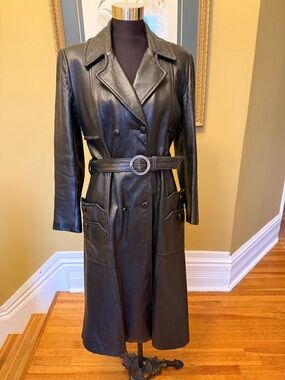 Classic Black Leather Trench Coat with Belt